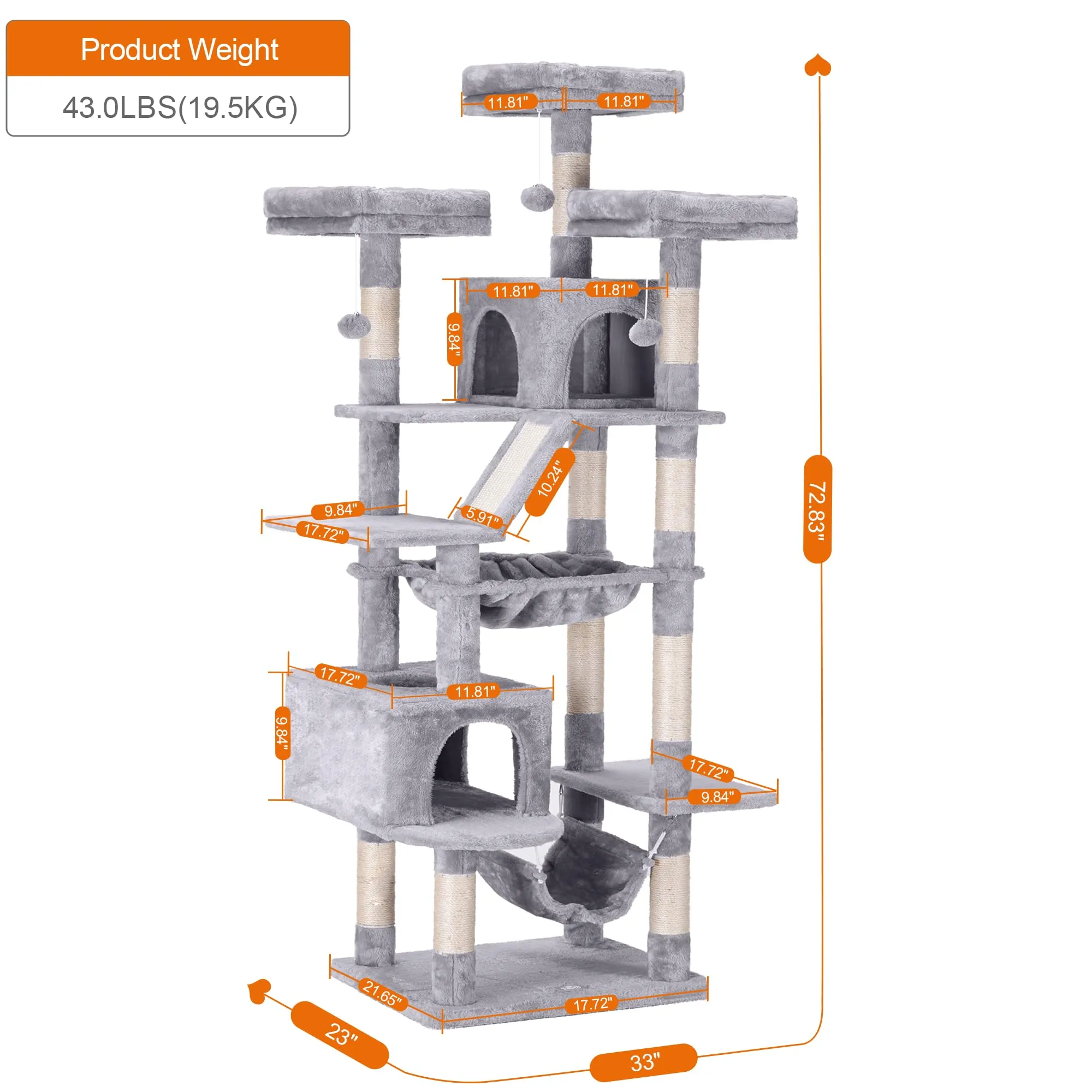 73 inches Tall Cat Tower for Large Cats 20 lbs Heavy Duty for Indoor Cats,Big Cat Furniture Condo