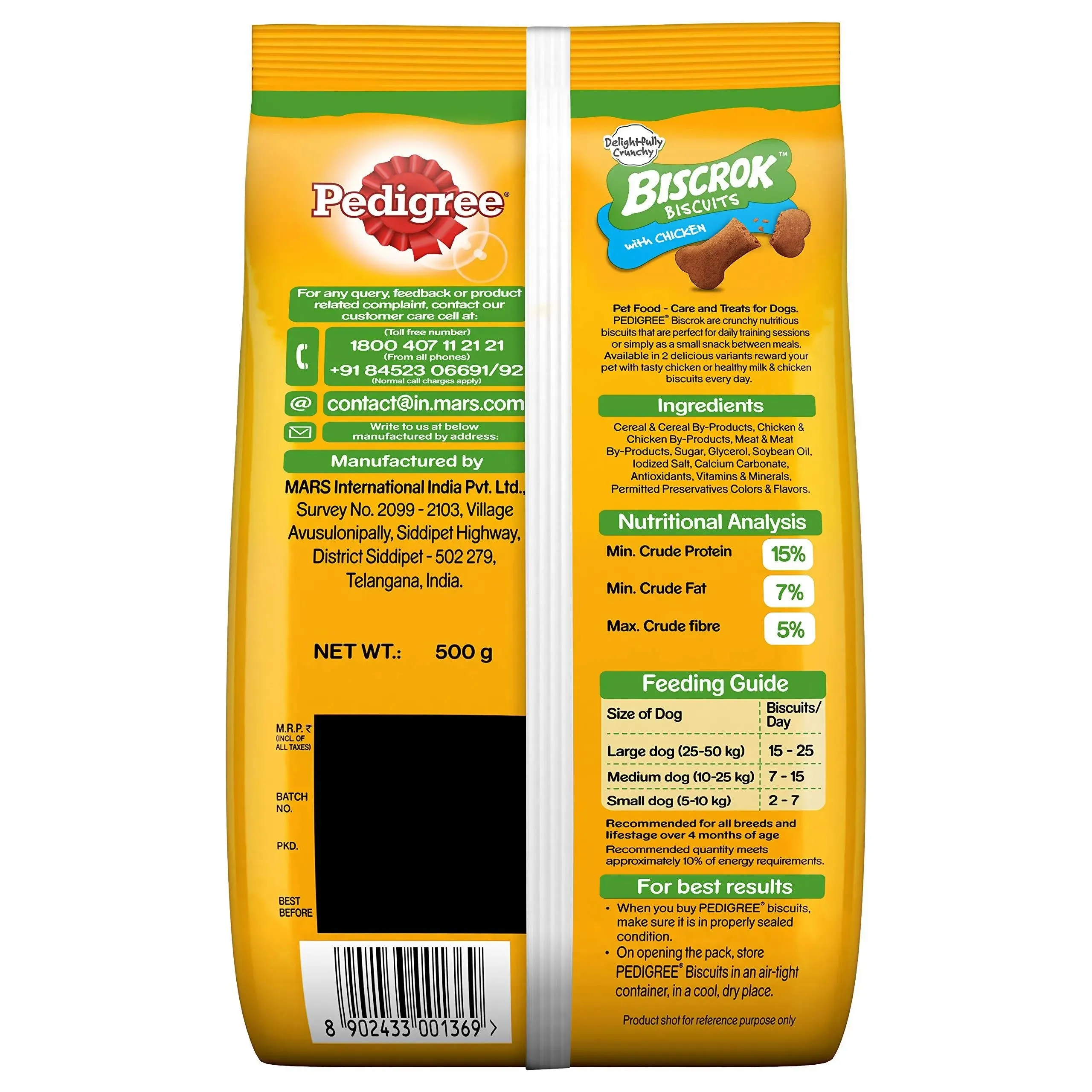 Pedigree Biscrok Biscuits Dog Treats (Above 4 Months), Chicken Flavor, 500g (pack of 2)